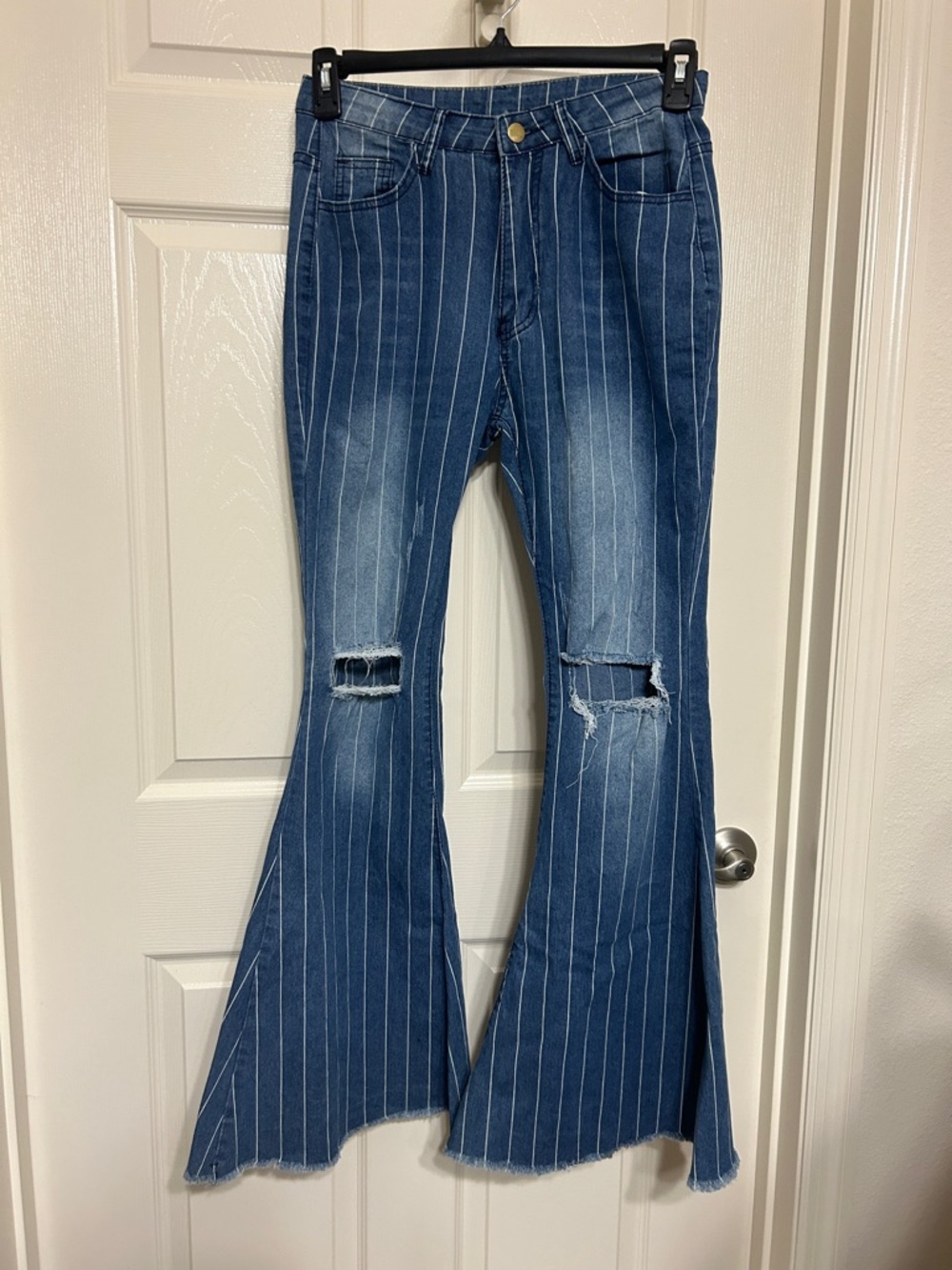 Blue Pinstripe Distressed Flare Jeans Extreme Flare Knee Distress Bell Bottom